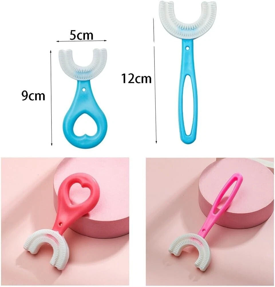 Children using U-shaped toothbrush for easy and comfortable oral hygiene routine