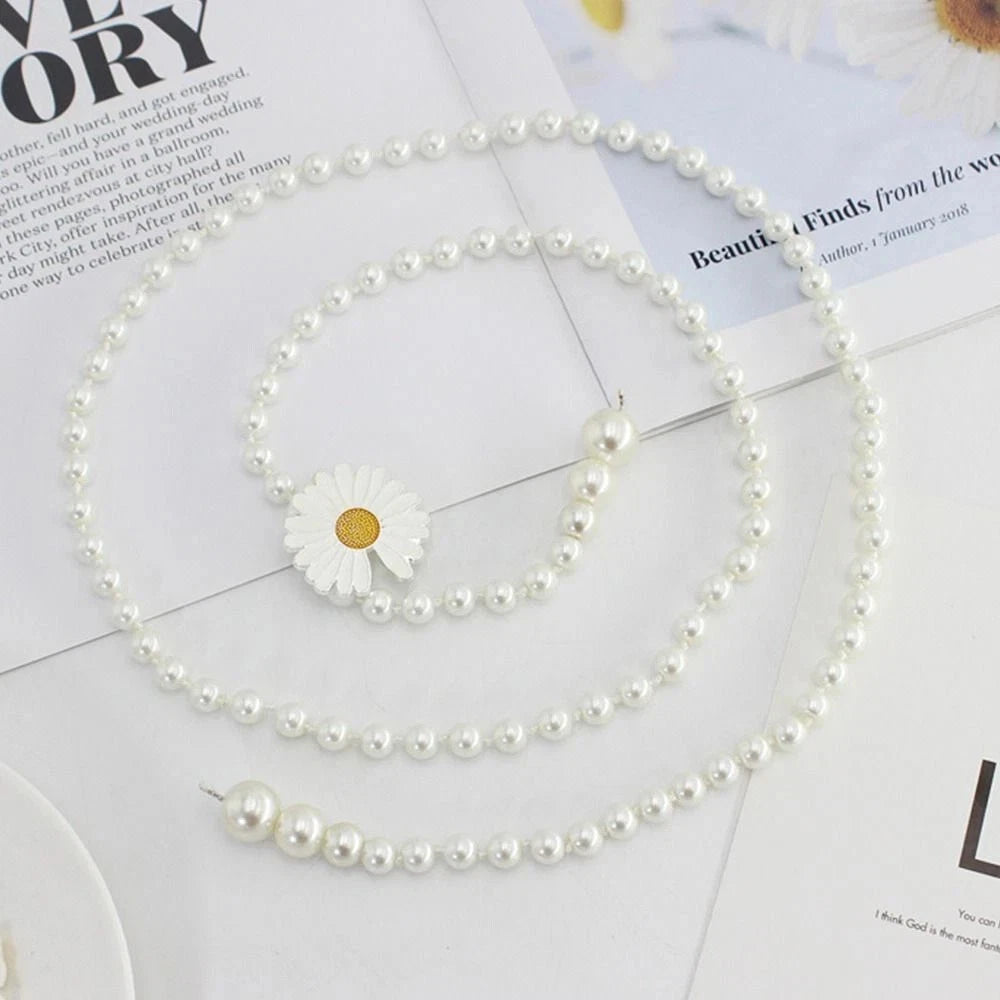 Elegant waist belt with pearls worn with dress outfit