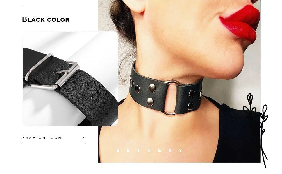 Close-up of leather gothic choker necklace for cosplay and Halloween styling