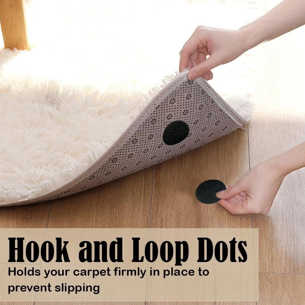 Hook and loop rug gripper dots used to stop carpets from slipping and improve floor safety