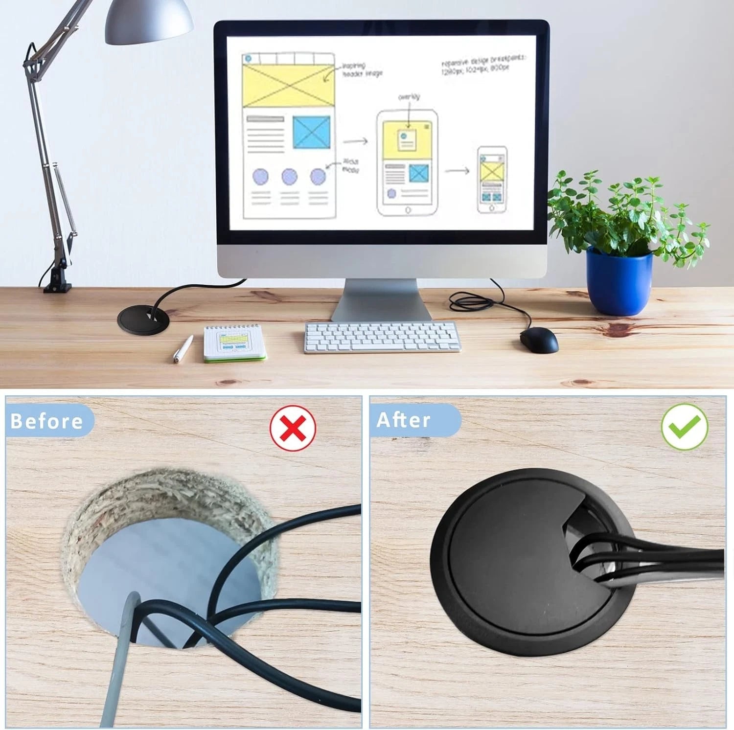 80mm white cable desk grommet used for clean office wire management
