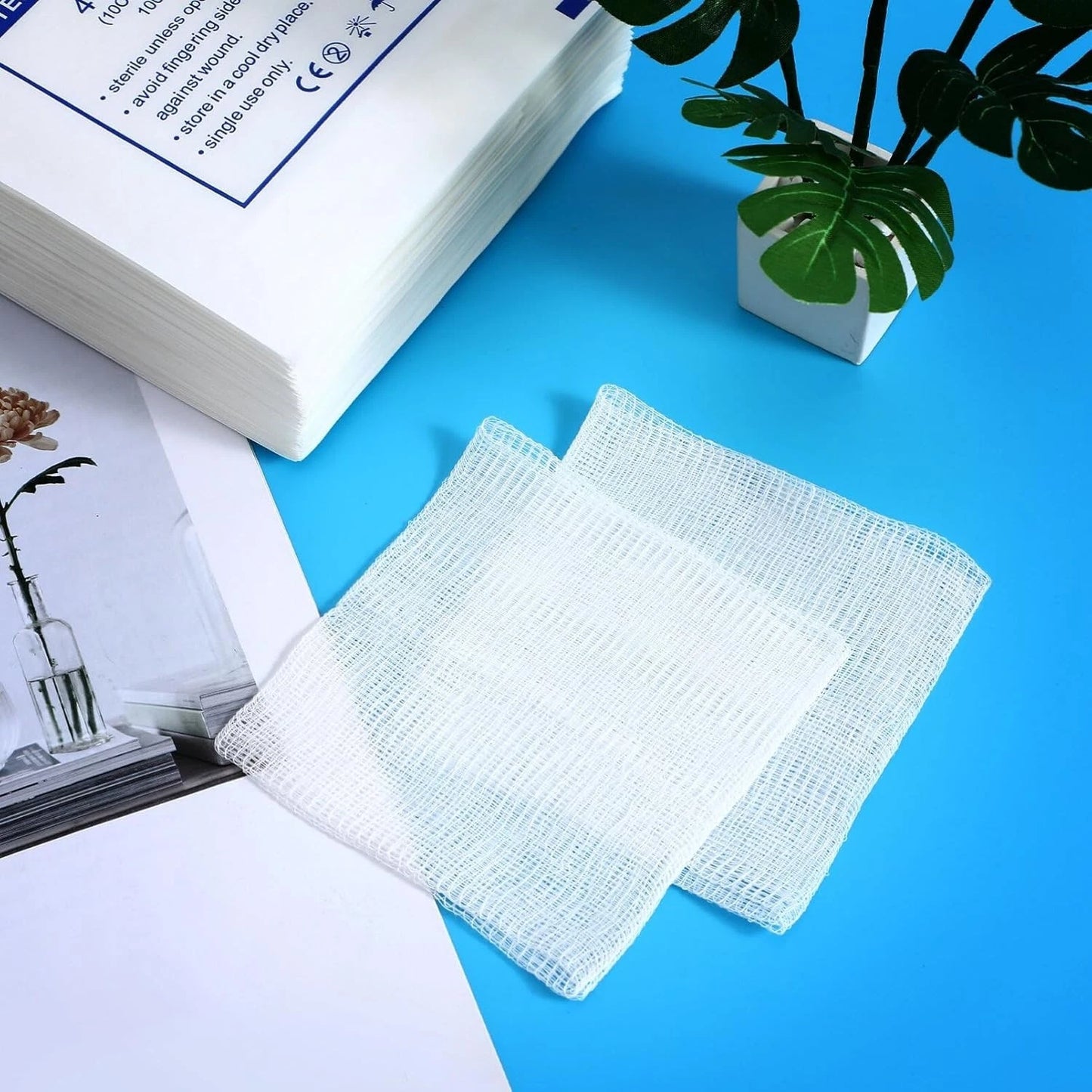 Absorbent gauze pads close detail texture
