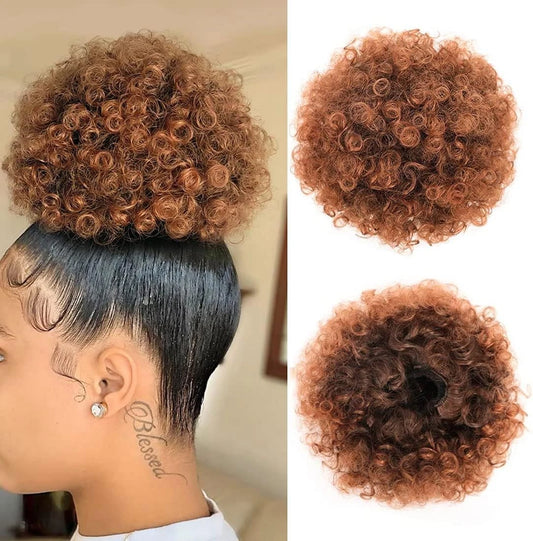 Afro puff hair bun extension with soft kinky curly texture