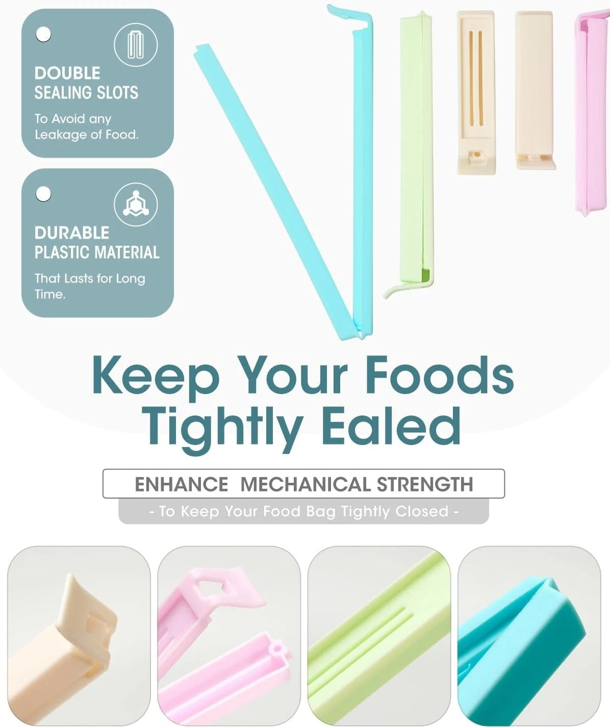 Airtight sealing clips used to close food bags securely