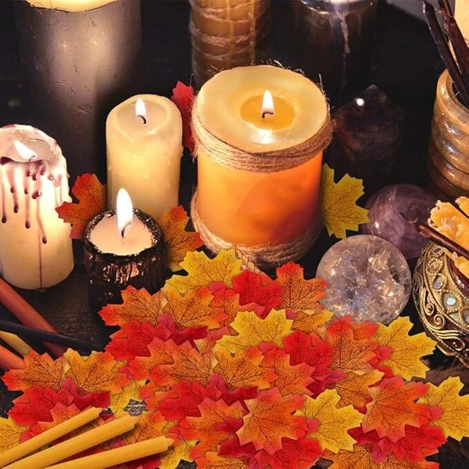 Artificial maple leaves used in DIY autumn craft project