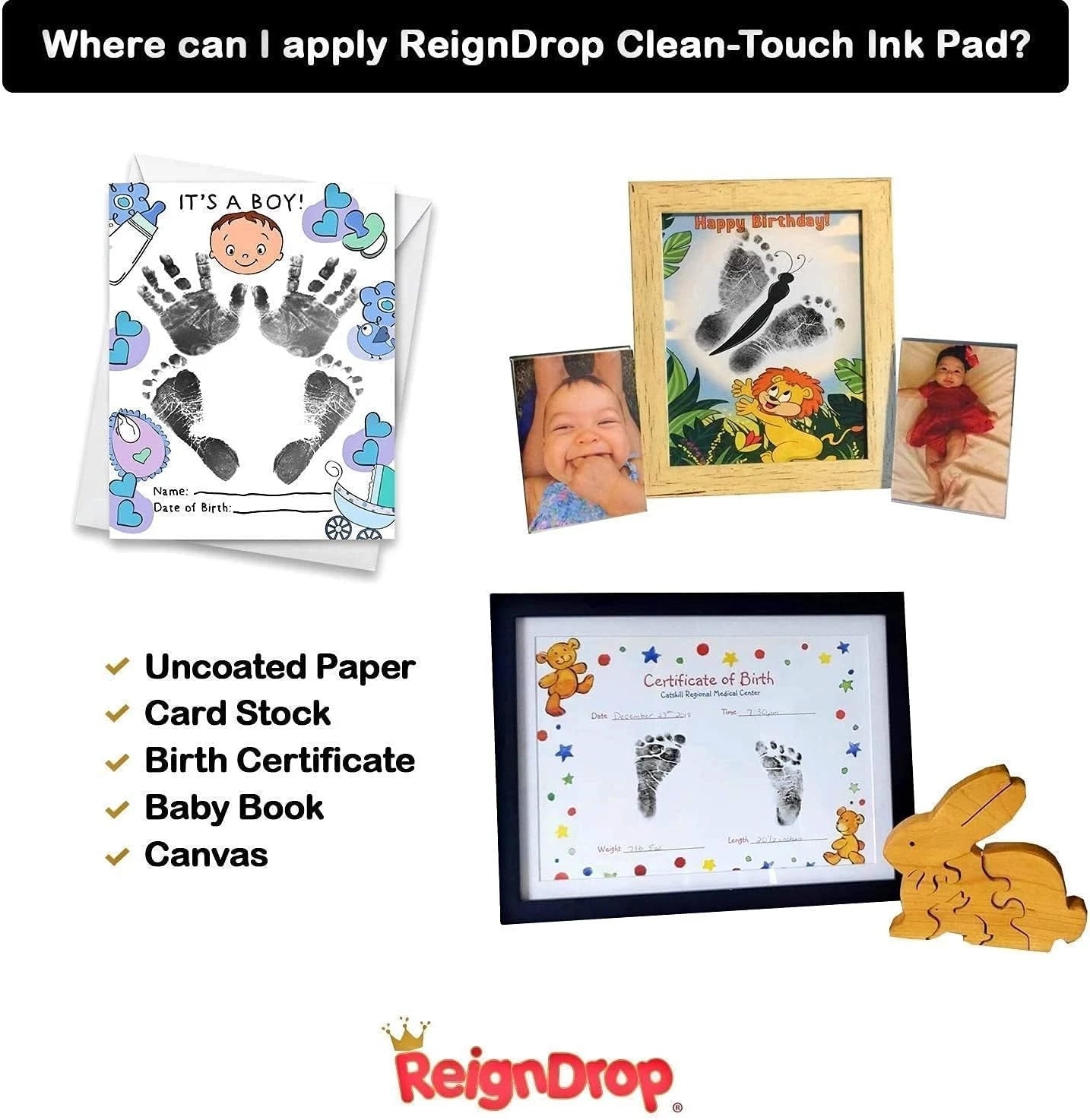 Step by step baby footprint kit process showing safe printing method