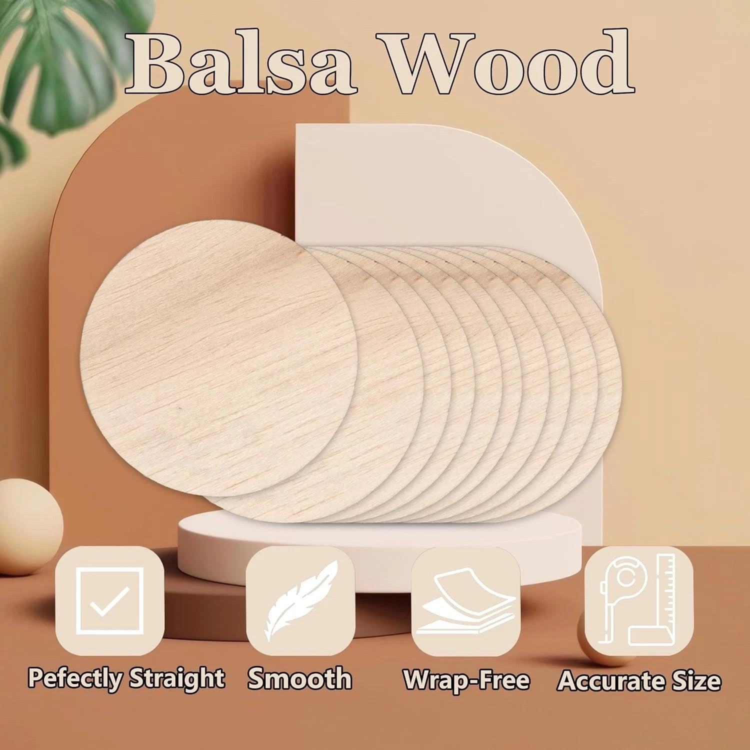 Balsa wood slices for DIY craft projects in circle, heart, and square shapes