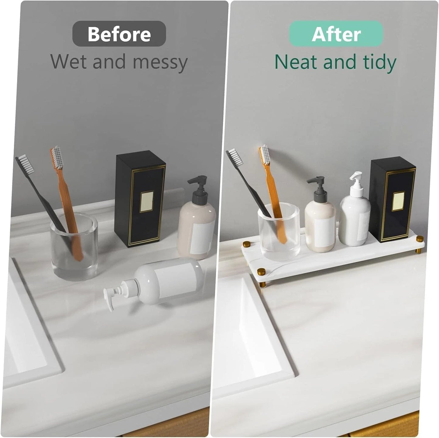 Bathroom sink storage rack close-up showing drainage design