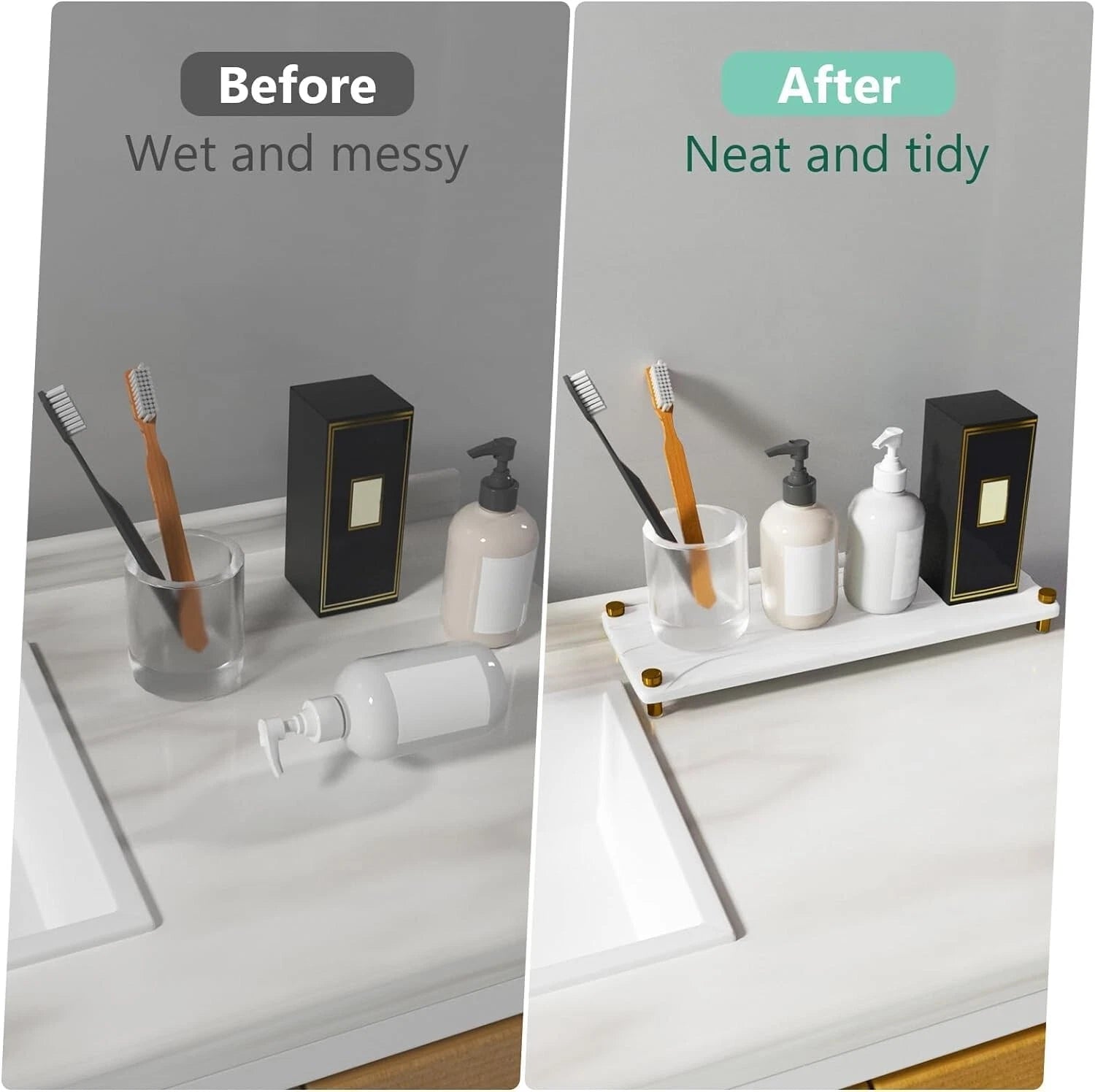 Bathroom sink storage rack close-up showing drainage design