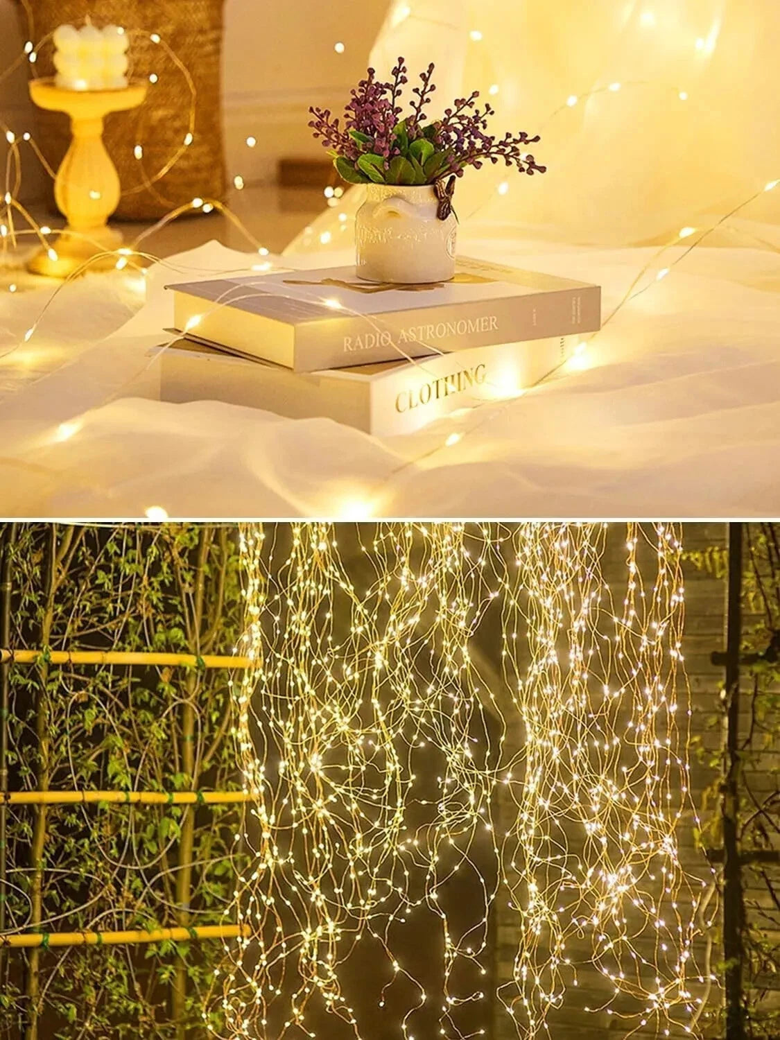 Battery operated LED string lights with compact battery pack detail