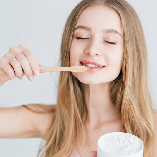 Close up of biodegradable bamboo toothbrush handle and bristles