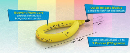 Bright floating wrist strap visible on water surface for easy recovery