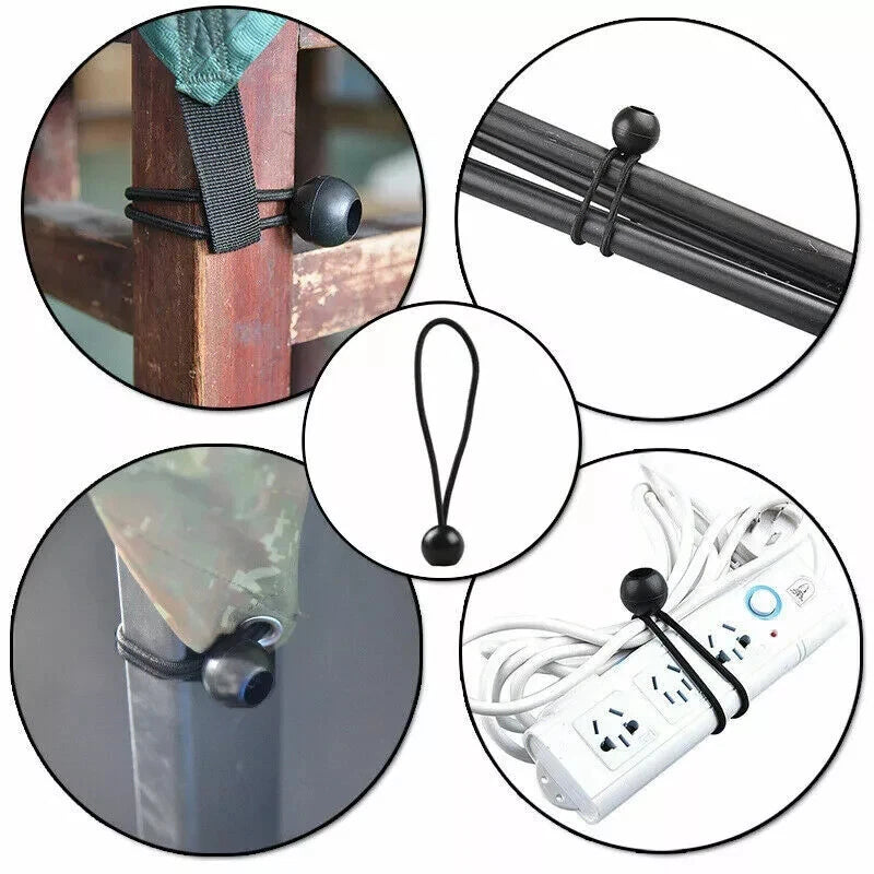 Bungee ball rope fastening canopy and tent securely outdoors