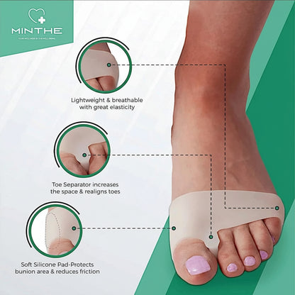 Bunion corrector placed between toes to prevent overlapping and friction