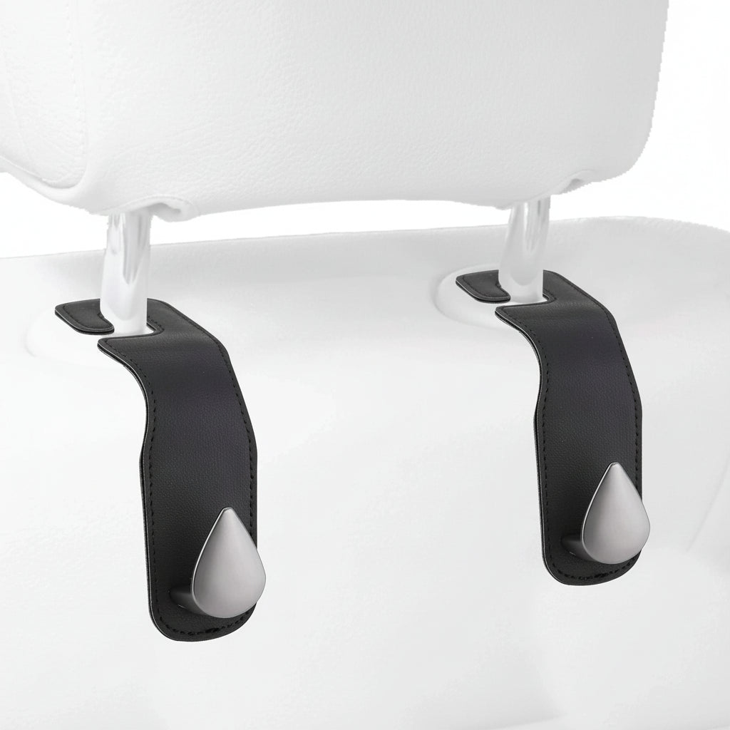 Car back seat organiser in use with multiple hanging items