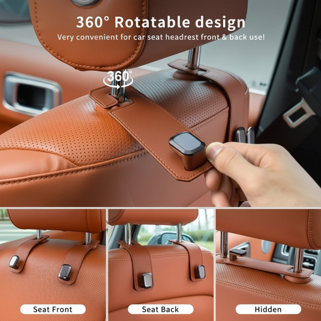 Durable metal hook on car headrest organiser close up