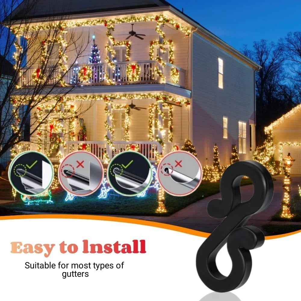 Christmas lighting setup on house using gutter hooks