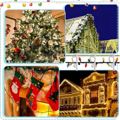 Christmas light hooks used on gutter clips for outdoor winter decoration setup