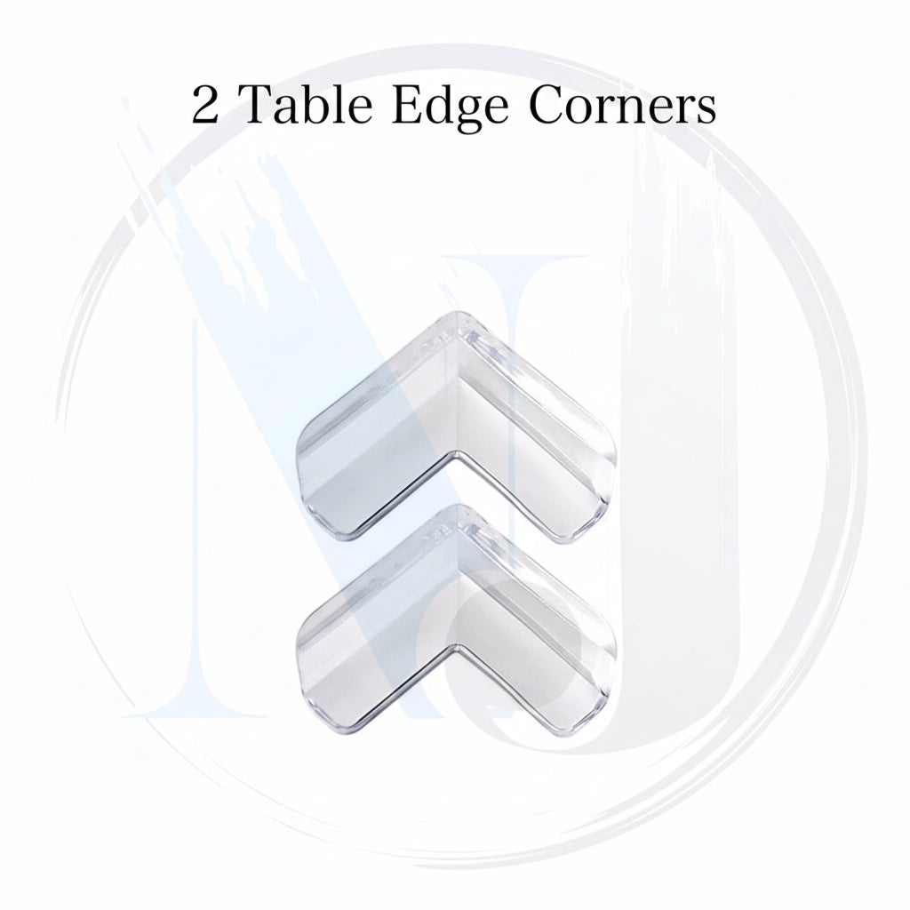 Clear corner protectors installed on table for baby safety
