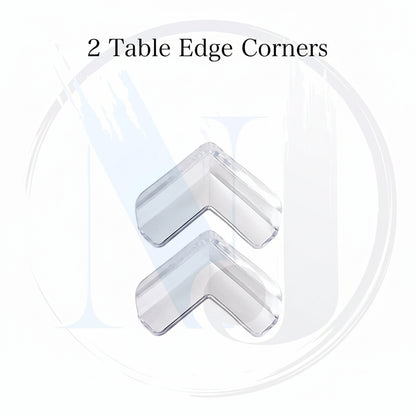 Clear corner protectors installed on table for baby safety