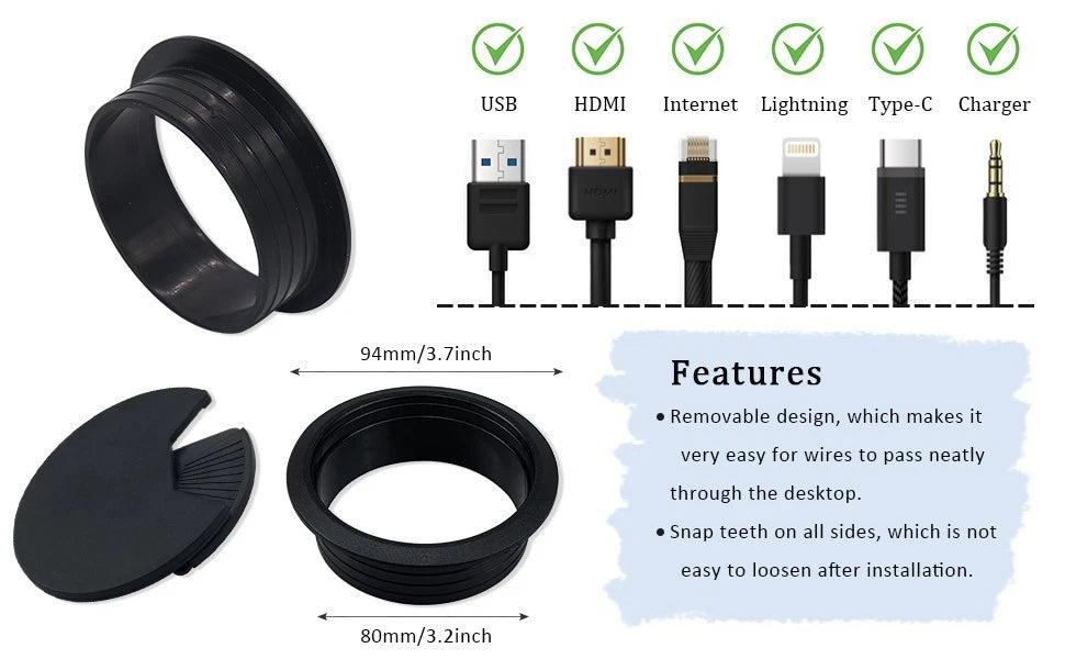 Desk wire routing grommet providing clean organized look