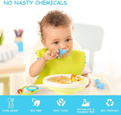 Dishwasher safe baby feeding set detail showing easy clean silicone material