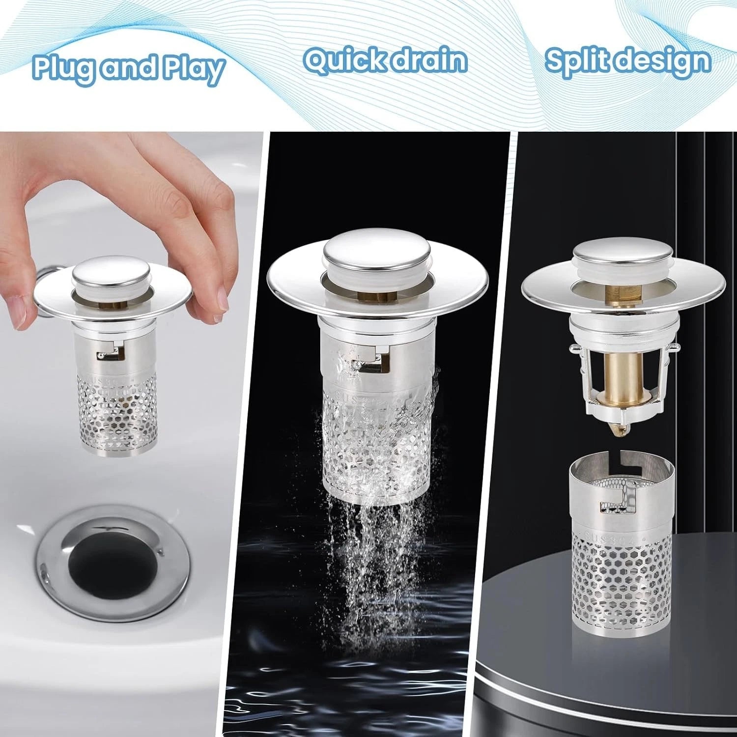 Drain filter basin plug close up showing metal construction