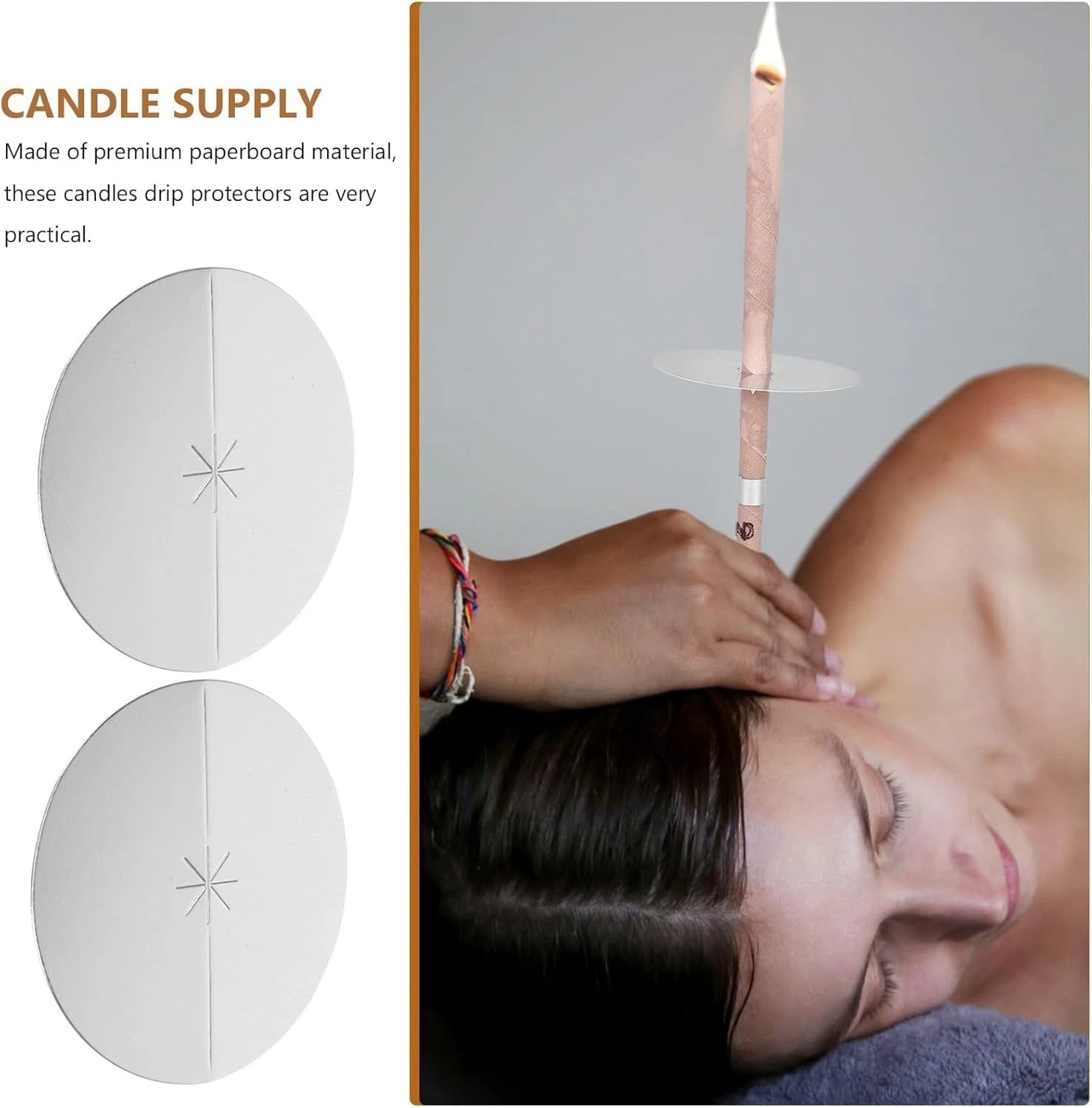 Close-up of ear candle protective disk preventing wax and dust during treatment