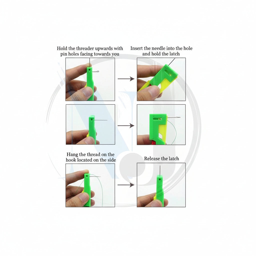 Close up of easy stitch needle threader device
