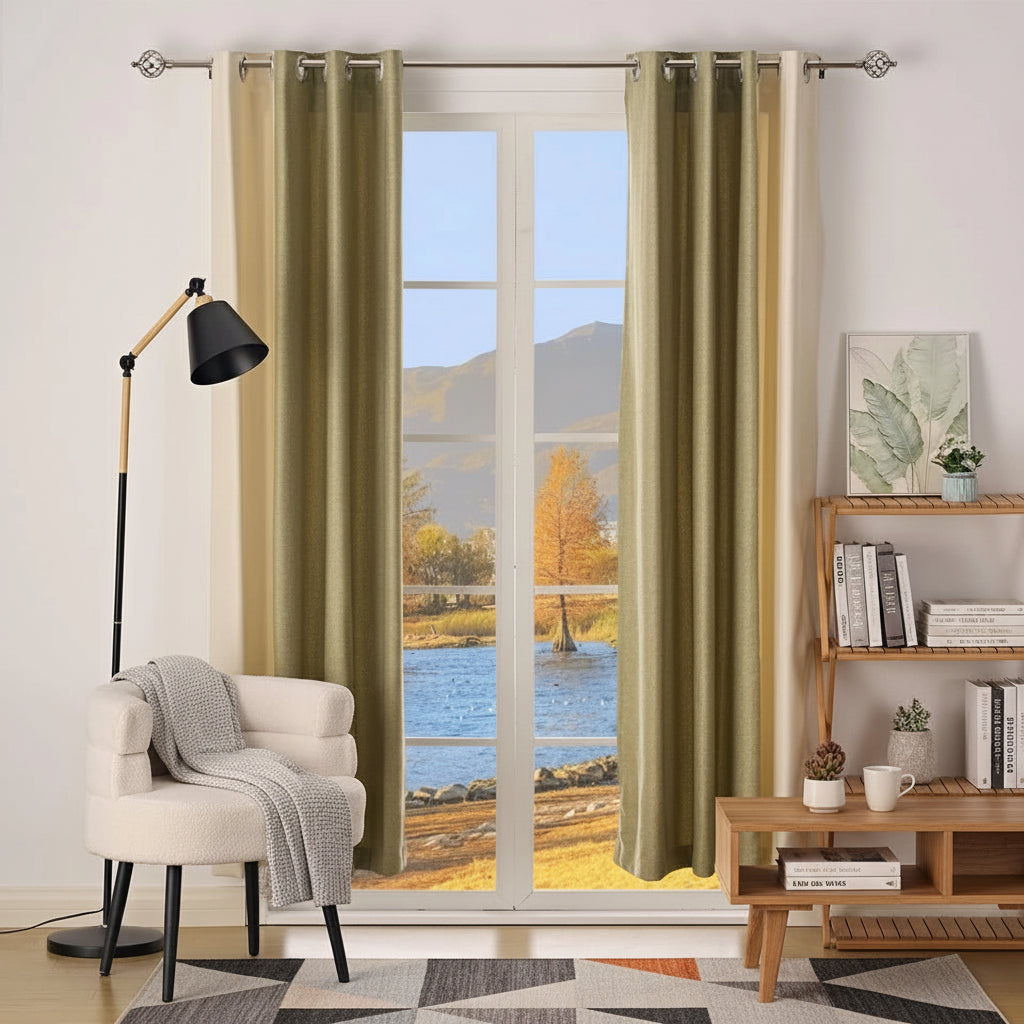 Extendable curtain pole installed with curtains in modern living room