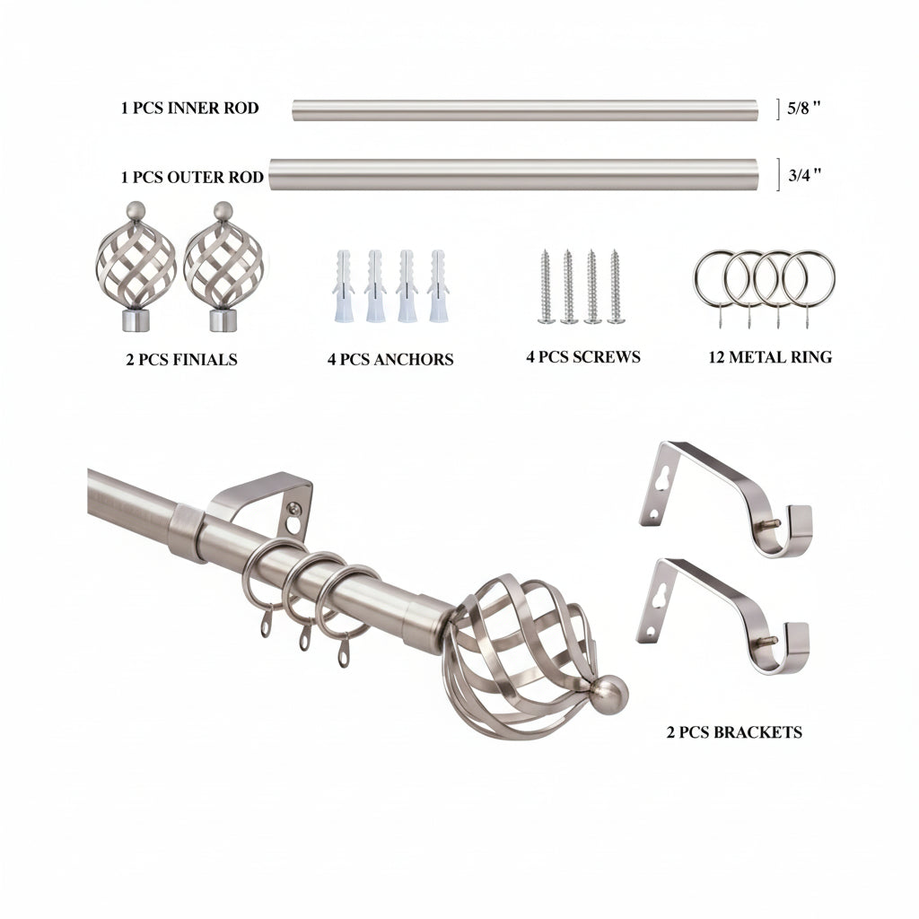 Extendable twisted nickel curtain pole set with rings and finials