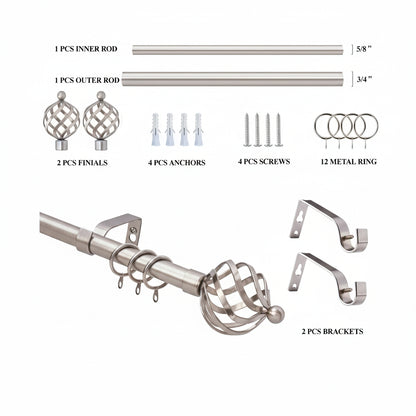 Extendable twisted nickel curtain pole set with rings and finials