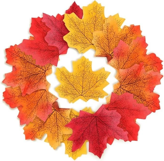 Close-up of realistic artificial maple leaves texture and color
