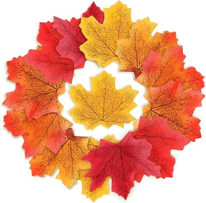 Close-up of realistic artificial maple leaves texture and color