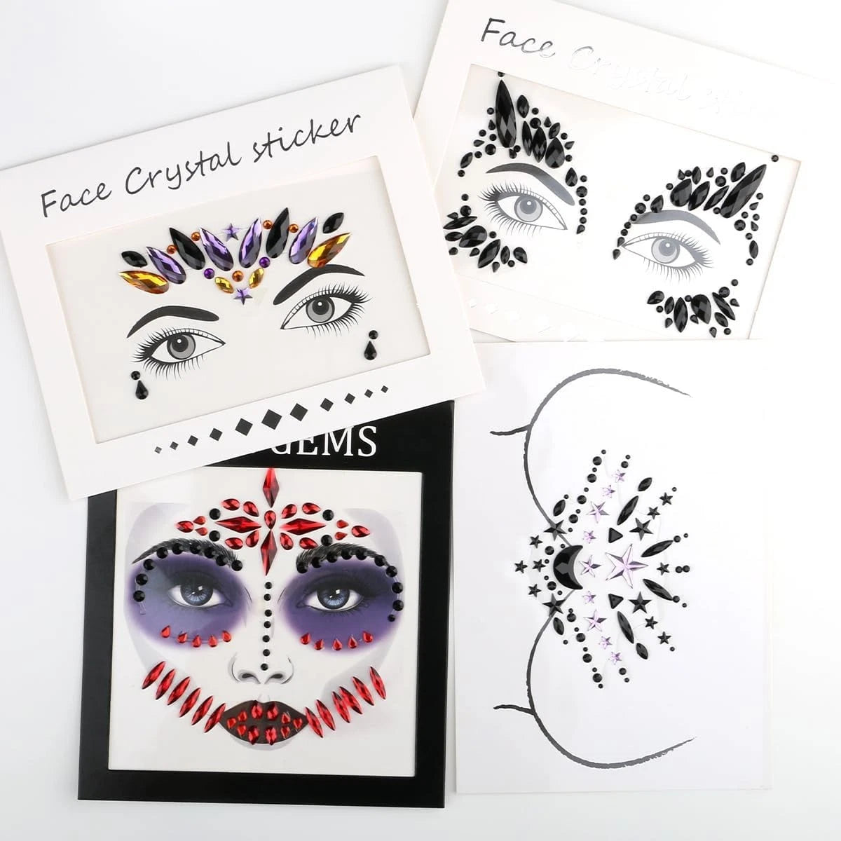 Festival makeup look using colorful adhesive face gems around eyes
