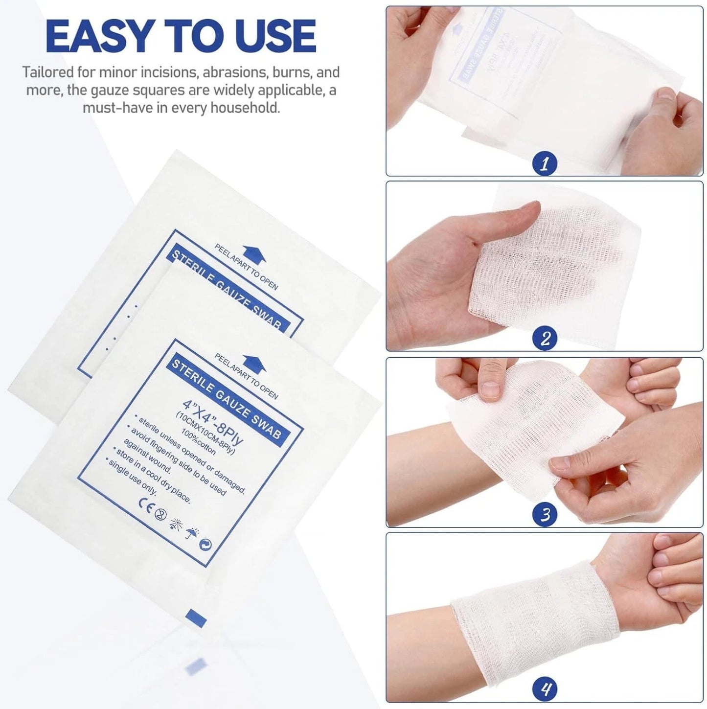 First aid swabs used for cleaning and dressing wounds
