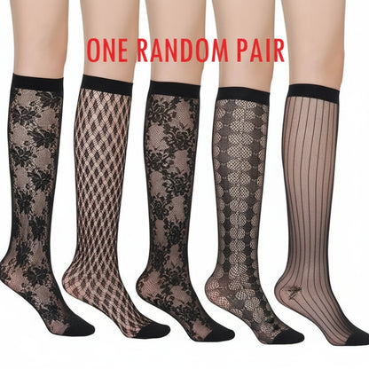 Full length view of black fishnet tights fit