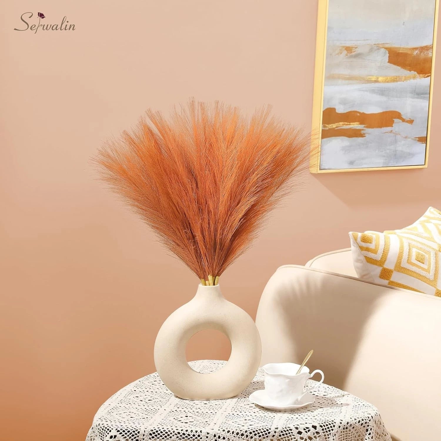 Fluffy pampas grass reed bunch placed in living room for aesthetic decoration