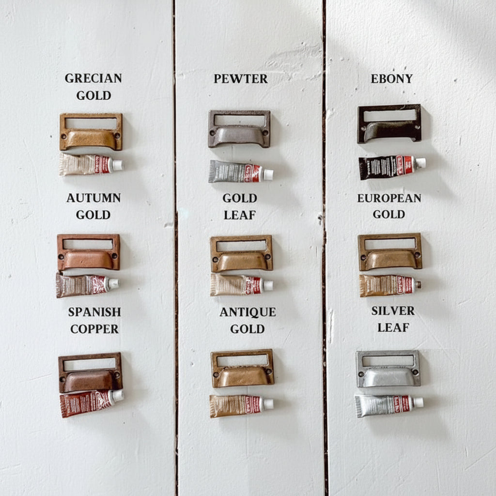 Gilding wax applied to frame detailing for metallic shine