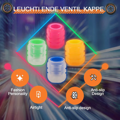 Glow in dark valve caps installed on car tyre