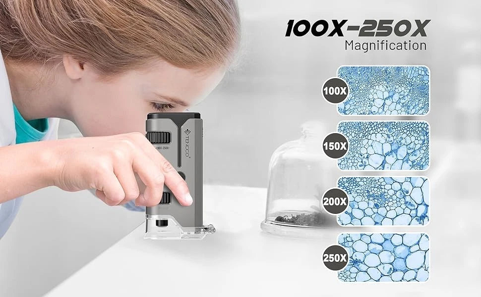 Close-up of handheld LED mini microscope showing lens and magnification detail