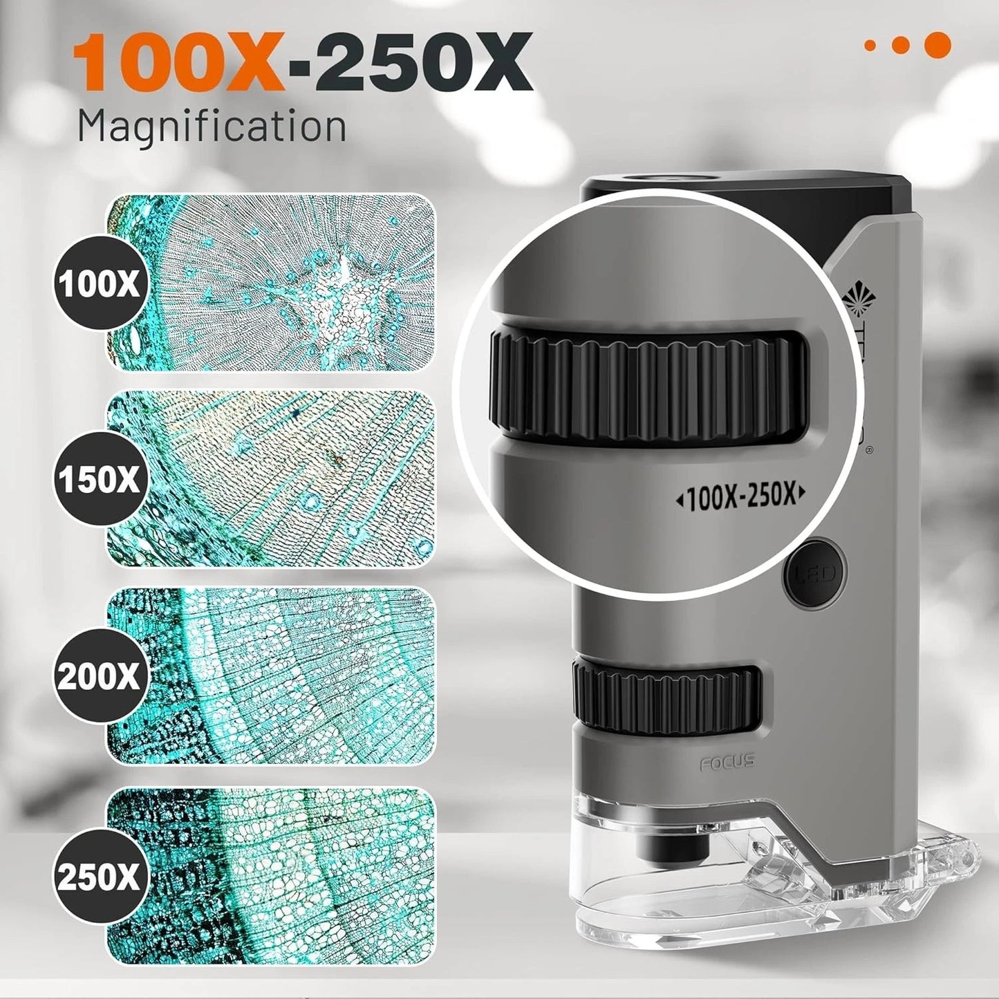 Handheld LED science microscope close-up showing lens detail