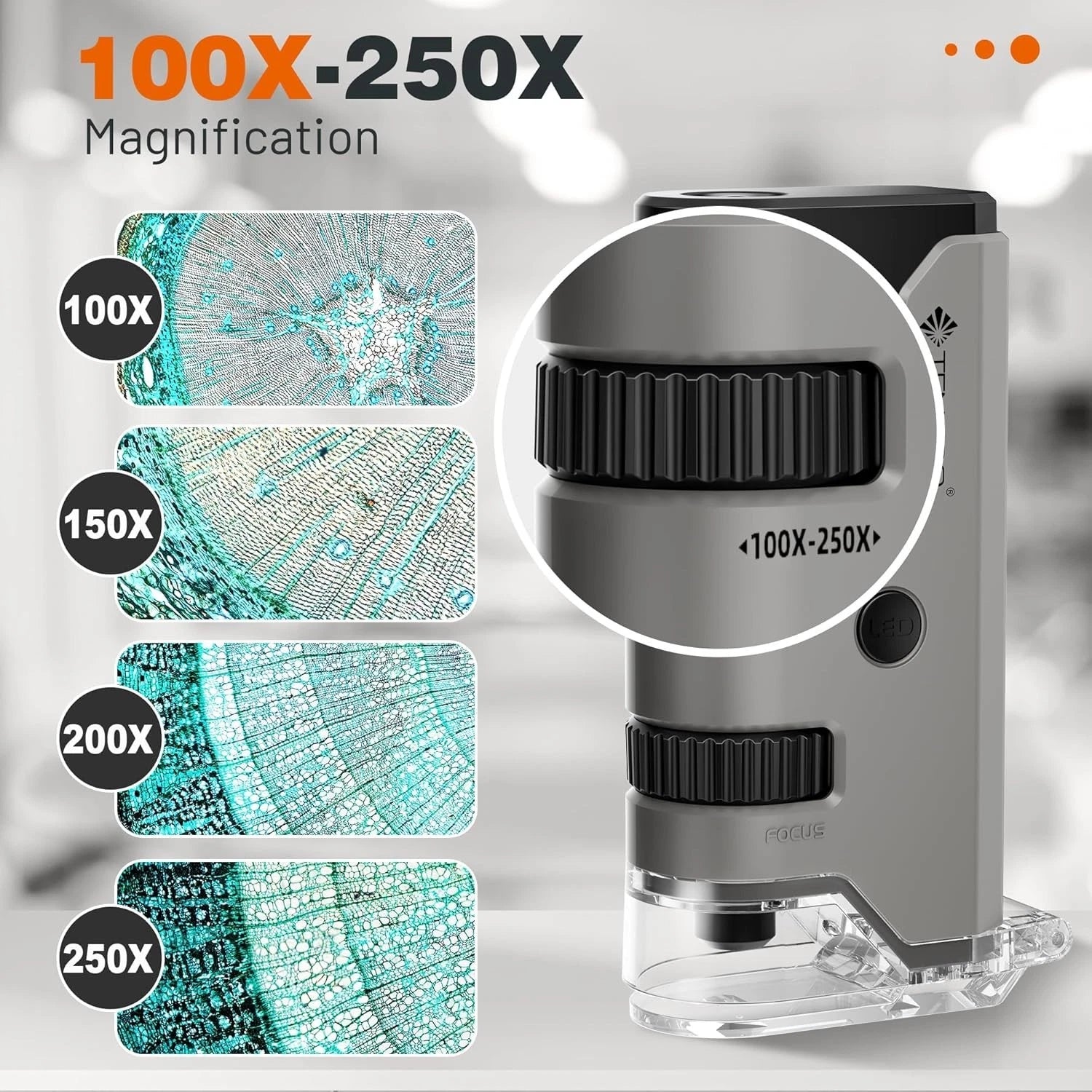 Handheld LED science microscope close-up showing lens detail