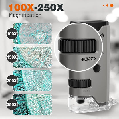Handheld LED science microscope close-up showing lens detail