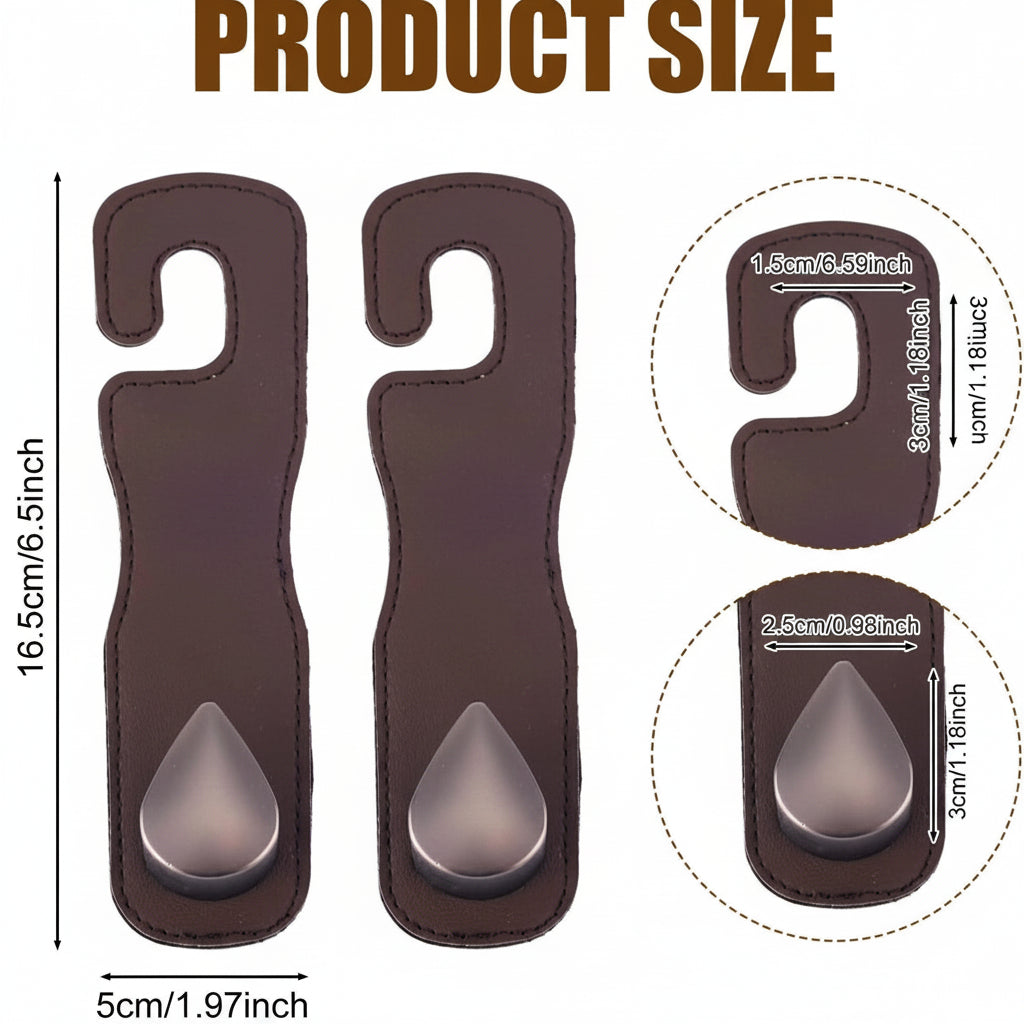 Close up of leather strap on car headrest hook organiser