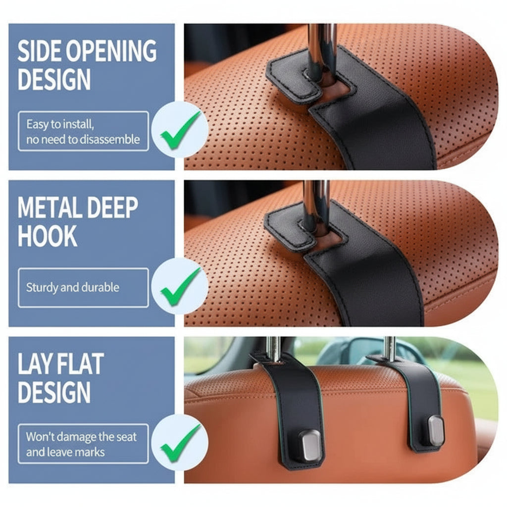 Headrest hook organiser installed in SUV back seat