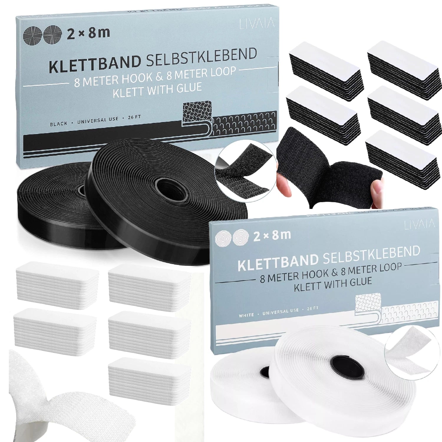 Hook and loop adhesive strips set with sticky backing pads