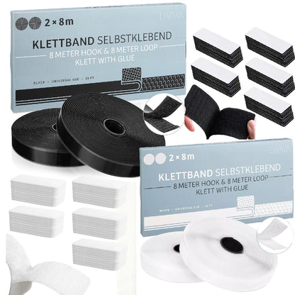 Hook and loop adhesive strips set with sticky backing pads