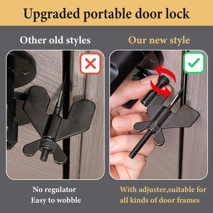 Portable door lock installed on hotel room door for safety