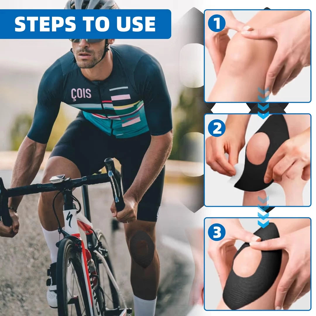 Precut kinesiology knee tape applied for sports muscle support and stability